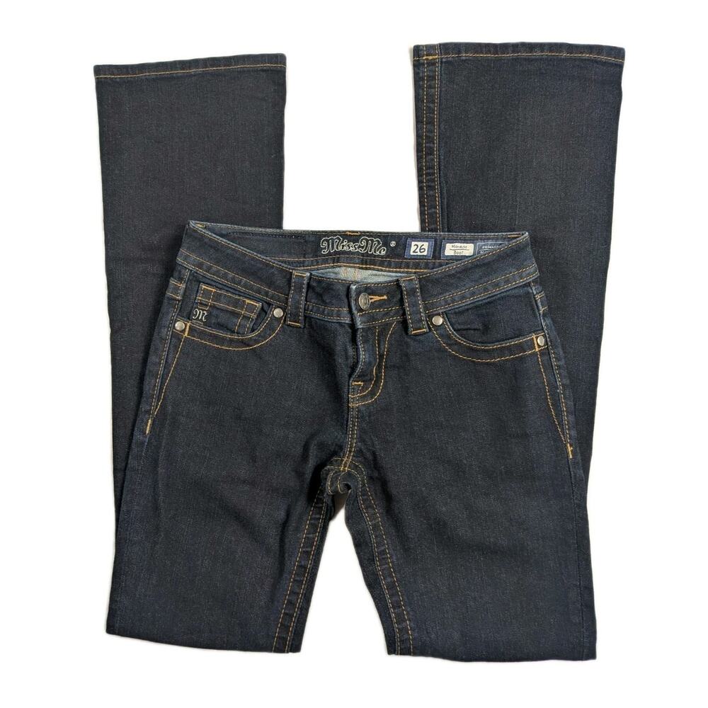 Miss Me Mid Rise Boot Cut Jeans Sz 26 Dark Wash Flared Y2K Cowgirl 26x32 Actual